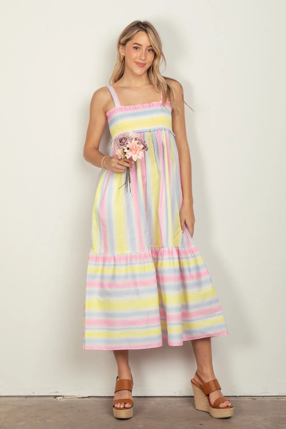VERY J Striped Woven Smocked Midi Cami Dress PINKCOMBO 6aa129e4-e5ea-409d-ba00-67cfb7cd51c0-Max