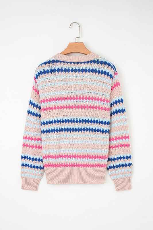 Stripe Eyelet Knit Drop Shoulder Sweater