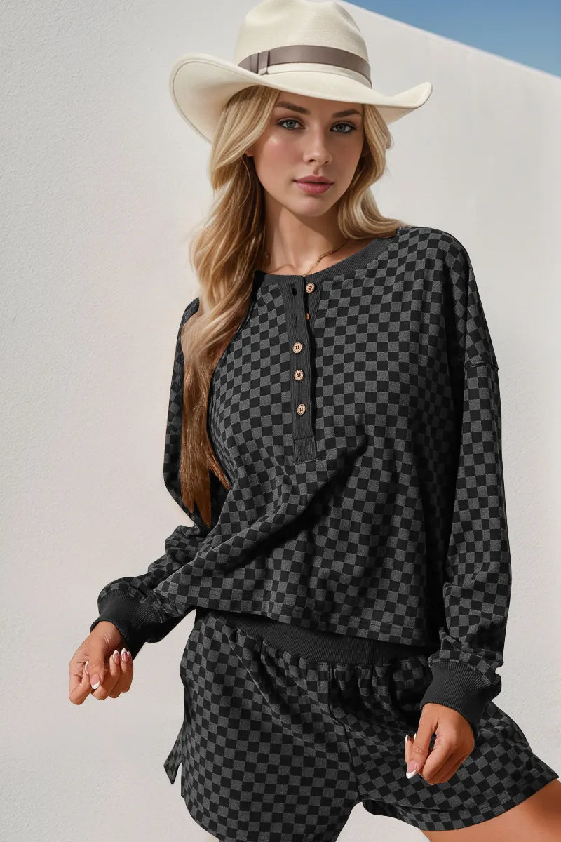 Double Take Checkered Half Button Top and Shorts Set Black 6aab0e8c-53fc-4c0c-b142-532e7518dfa2-Max