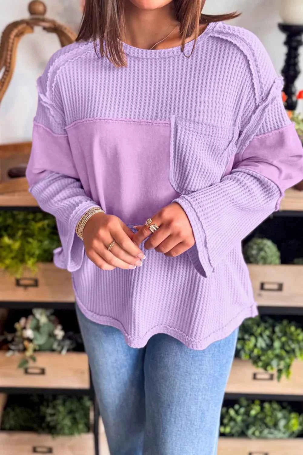 Waffle Knit Long Sleeve T-Shirt Pink Purple 6afa7a5e-3aeb-4bc2-a3d4-b1f53641251f-Max-Origin