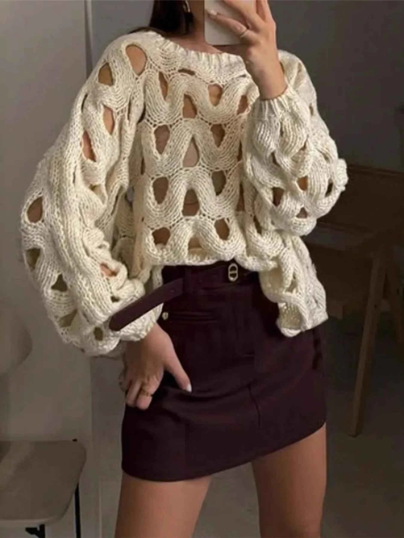 Chunky Cable Knit Hollow Out Sweater Beige 6b50a40a982b4f4889ec48ab40a38288-Max-Origin
