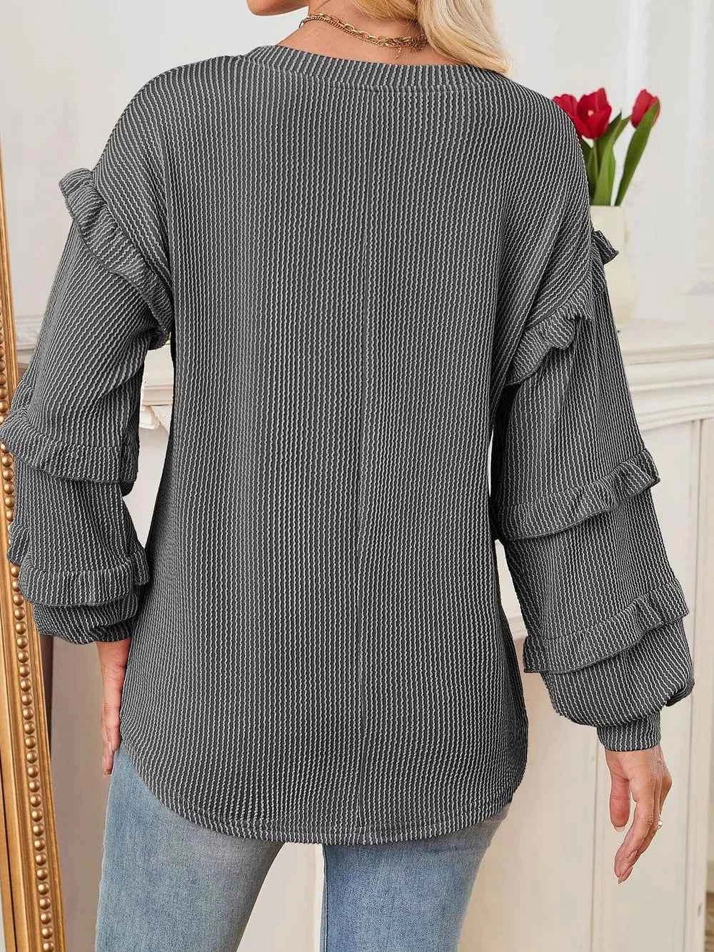 Round Neck Ruffled Long Sleeve Sweatshirt 6b55faf4cc72433f917733606b9d8d04-Max