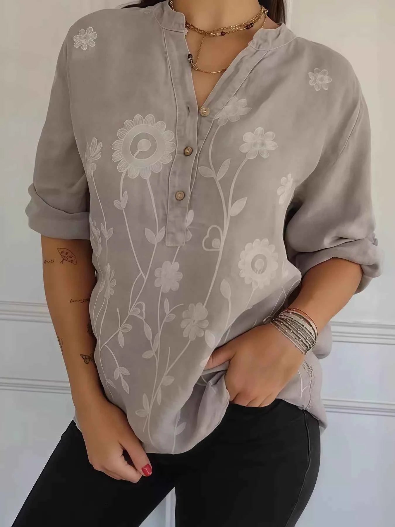 Full Size Floral Embroidered Button Detail Blouse Plus Size Khaki 6b62a8553cf64e64bd8a5cbcf9fc1b68-Max-Origin