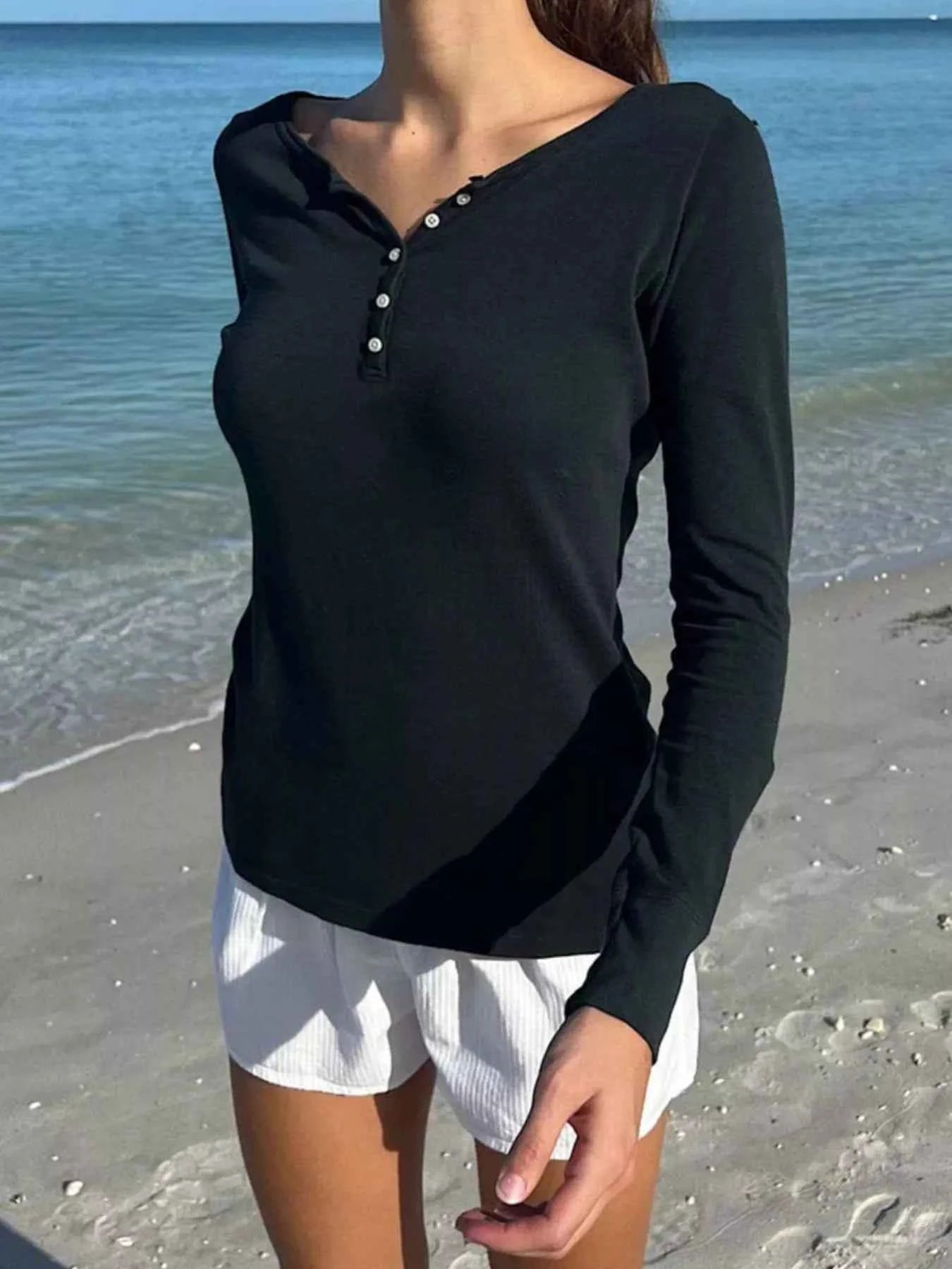 Striped Long Sleeve Henley T-Shirt Black 6baee0b1-8e8c-4345-99e2-3ae425f5462b-Max-Origin