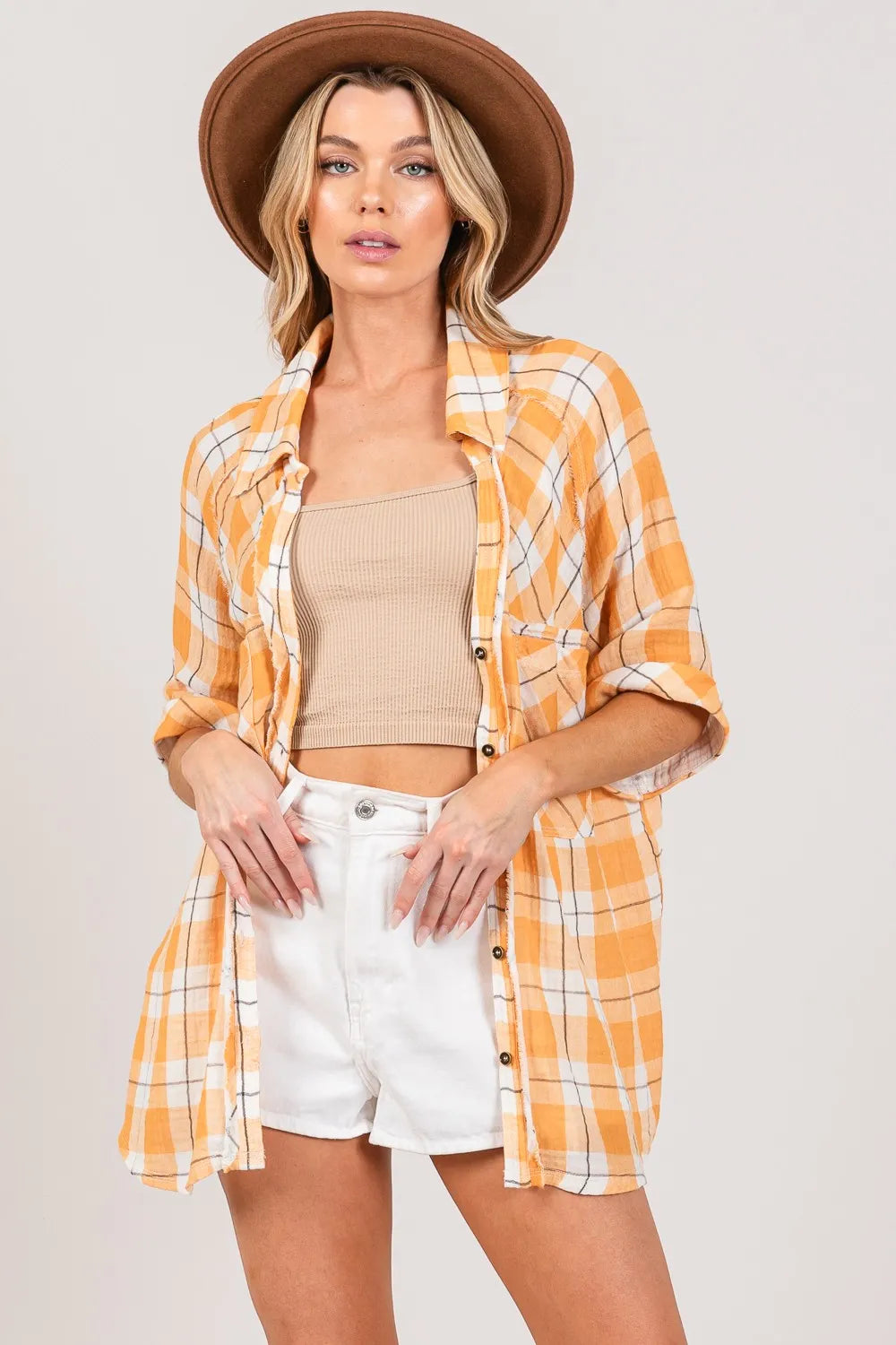 SAGE + FIG Plaid Button Up Side Slit Shirt APRICOT 6bc42931-d911-4efb-bfe6-0cbb76e2824c-Max