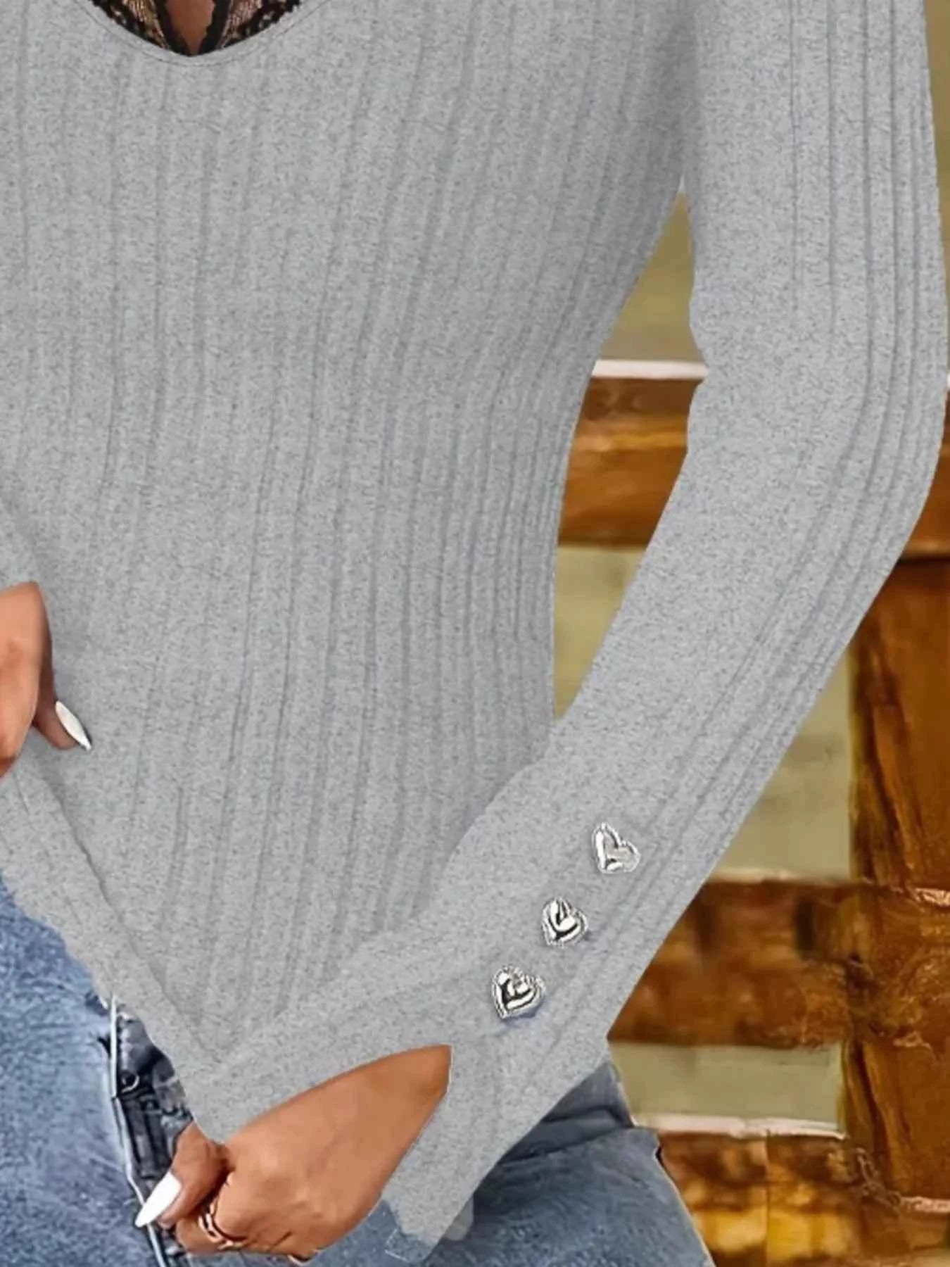 Full Size Ribbed V-Neck Lace Trim Long Sleeve T-Shirt Plus Size