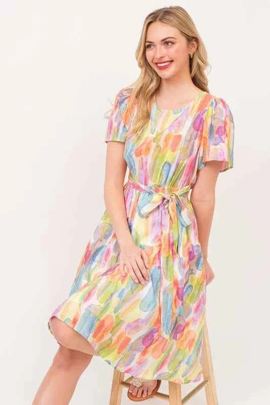 Lime 'N' Chili Watercolor Print Tie Front Midi Dress 6c493cb64e0742aabf96d1e3fbe2d3a1-Max-Origin