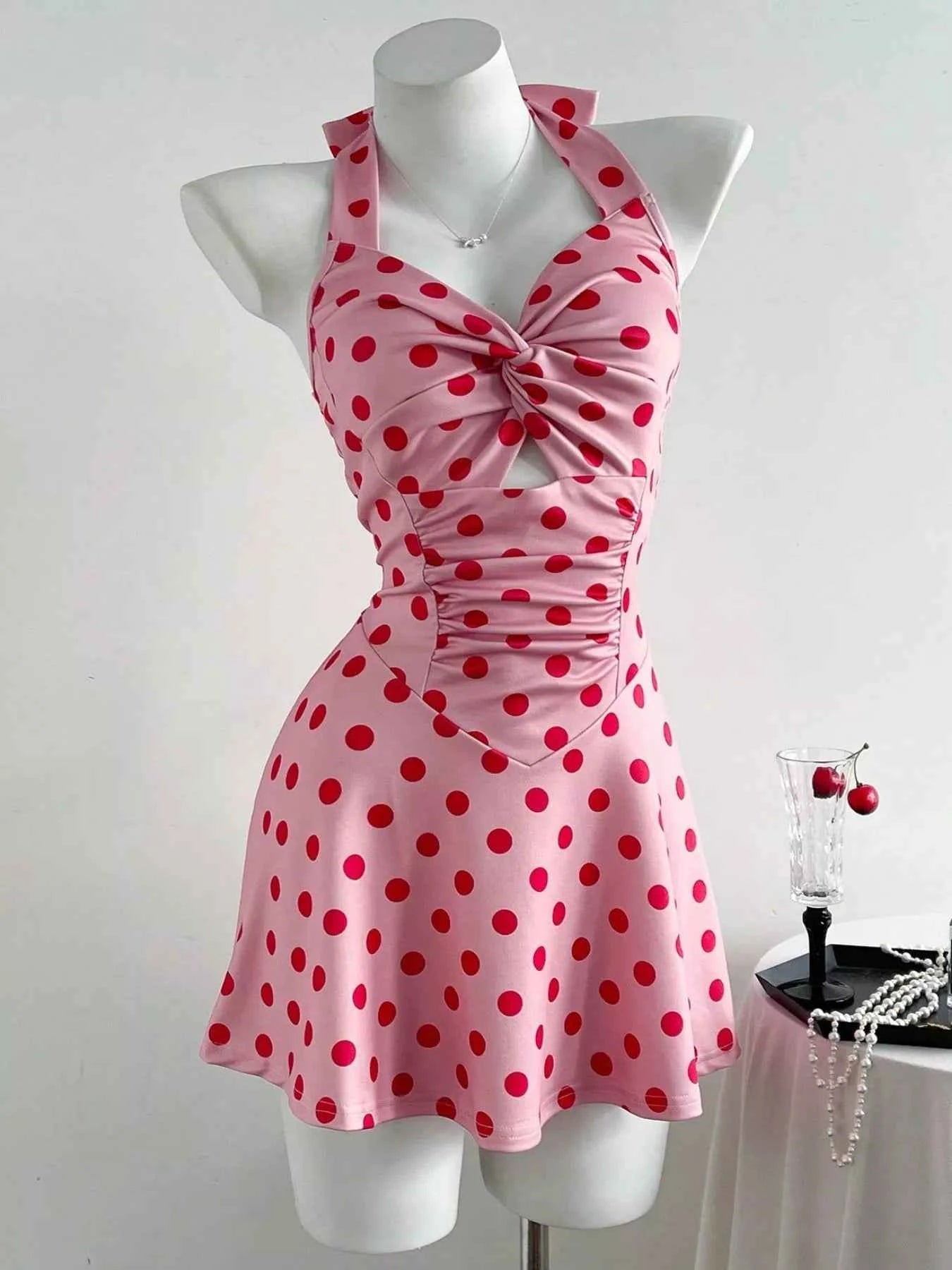 Polka Dot Halter Neck Twisted Front Mini Dress 6c4f4104-b5d5-44d9-a964-5af1224a0e4d-Max-Origin