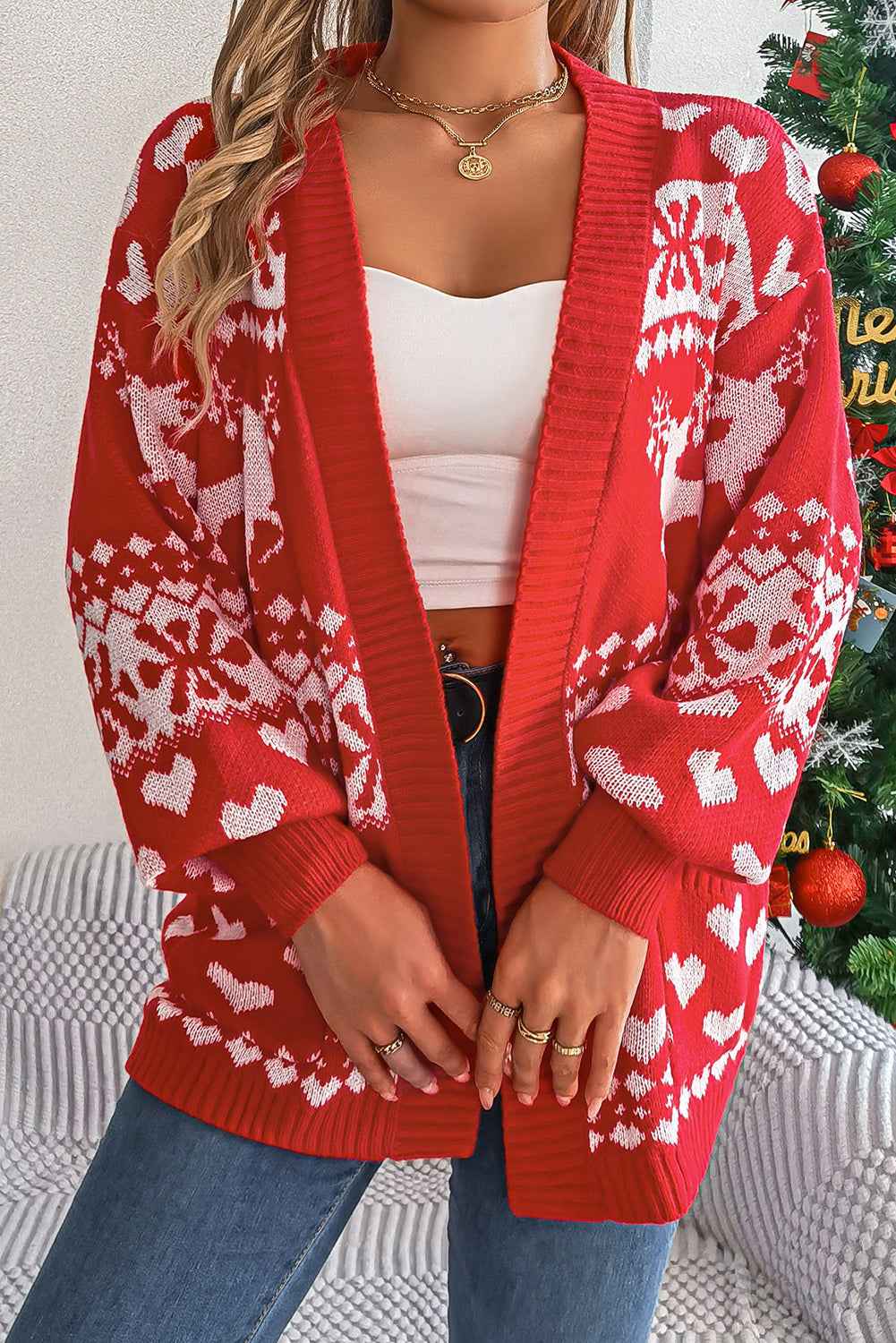Fiery Red Christmas Reindeer Heart Pattern Pocket Knit Cardigan 6cad91a65f924a5c