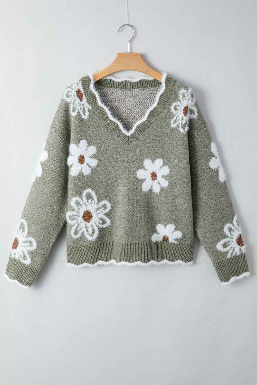 Seagrass Jacquard Floral Scallop V-neck Sweater 6cb67d052c587507
