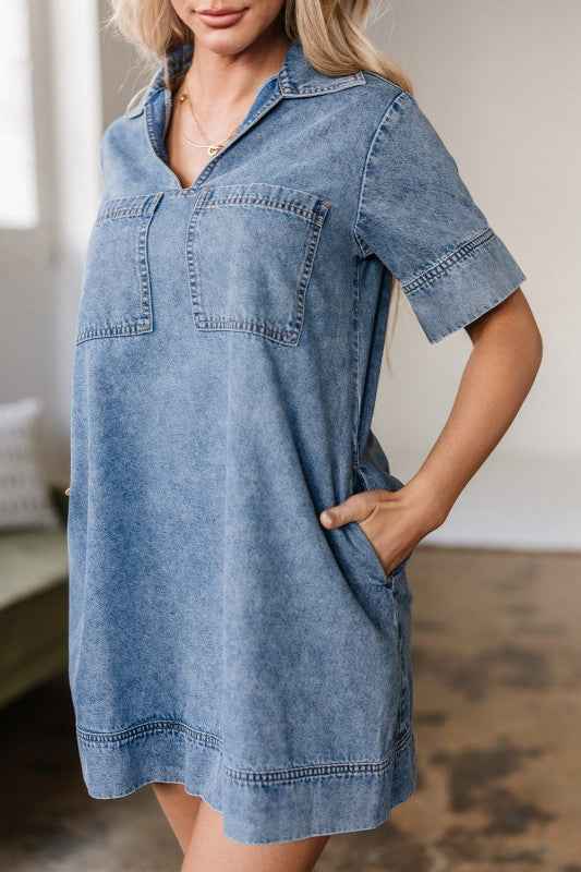 Solid Denim Collared Patch Pocket Mini Dress 6cf3abda-6091-464f-a639-ac064fd8c11d