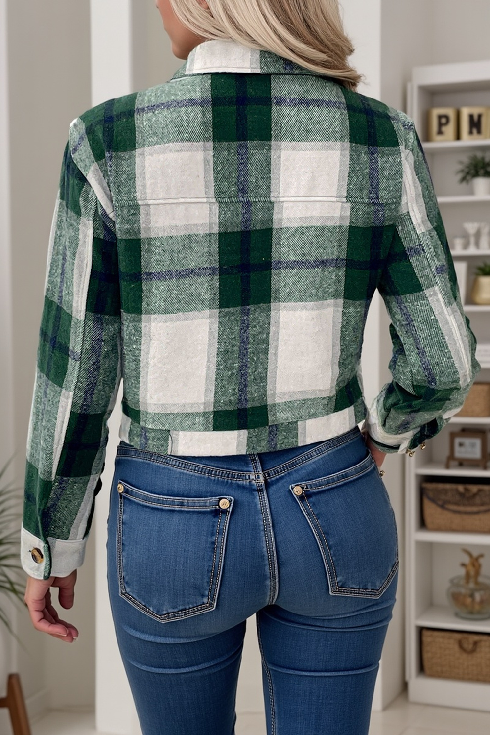 Green Plaid Flap Pocket Cropped Shacket 6d8cfc2834503be2