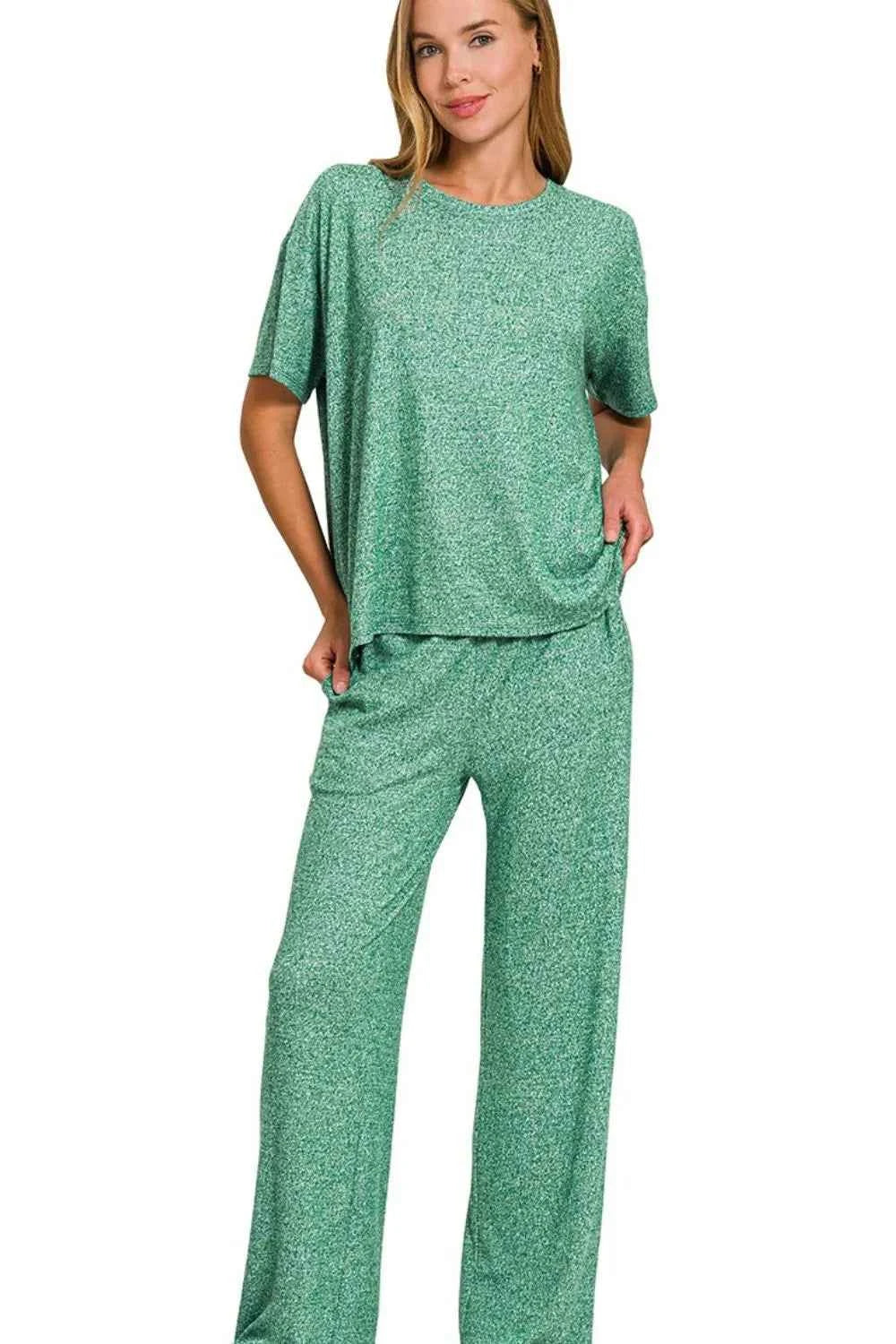 Zenana Soft Melange Short Sleeve Tee & Long Pants Set DK GREEN 6d90b015-5213-4be1-8e8e-94be79b9ce6e-Max-Origin
