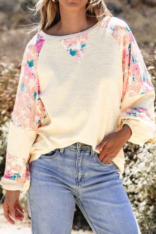 Floral Patchwork Balloon Sleeve Textured Blouse 6de486a6-44c5-4893-85ab-b5164e692869