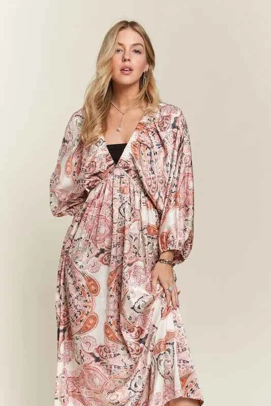 ADORA Printed V-Neck Batwing Sleeve Dress 6df5e3ae-ffa8-4ca6-95b6-547dc23ac95d-Max