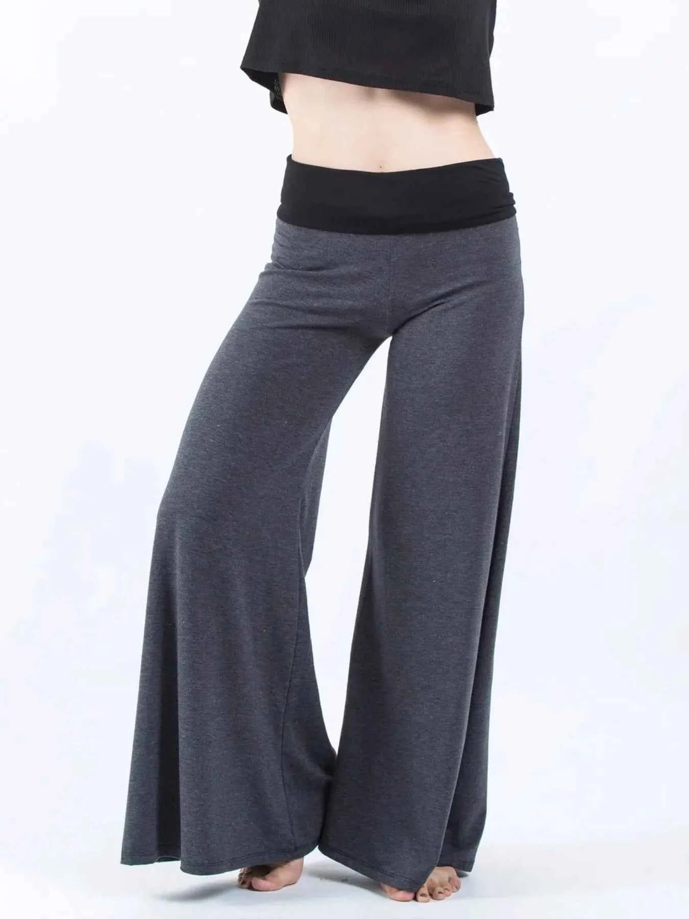 High Waisted Wide Leg Yoga Pants with Contrast Waistband Gray 6e13af4c-f858-4647-8c16-9c60c9761e68-Max-Origin