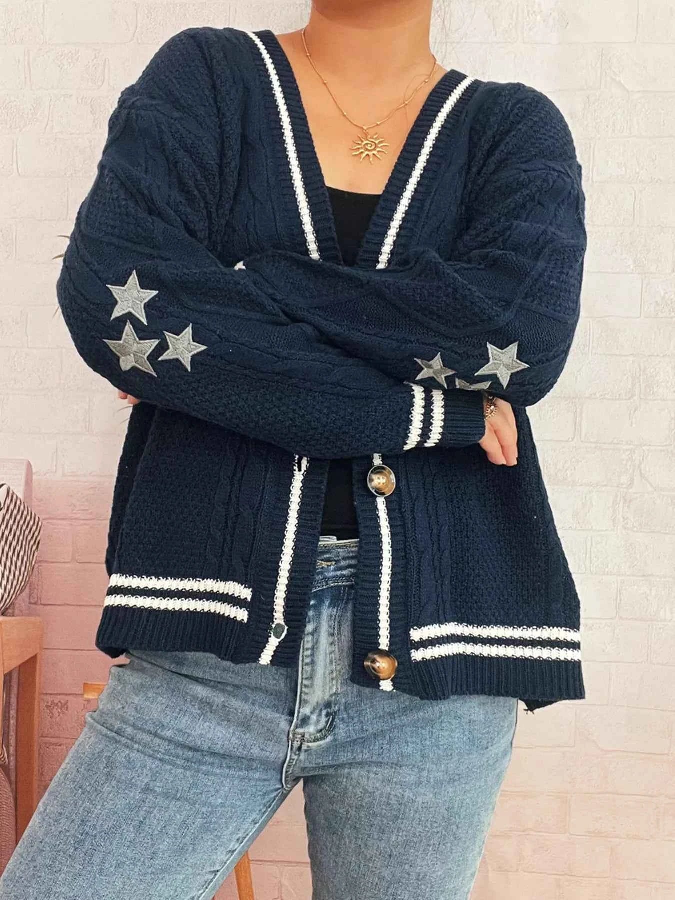 Star Pattern Button-Up Cardigan with Contrast Trim 6e2620927ca140f7b18c6fc375f0b077-Max-Origin