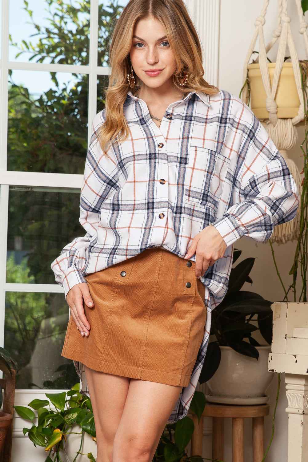 White Plaid Slits Bishop Sleeve Oversized Shacket 6e4112885bd4563d