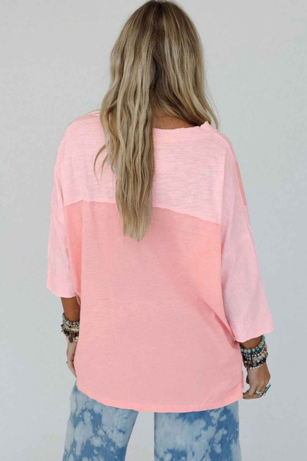 Light Blue Flower Patched Exposed Seam 3/4 Sleeve top 6e72a5ff2069c558