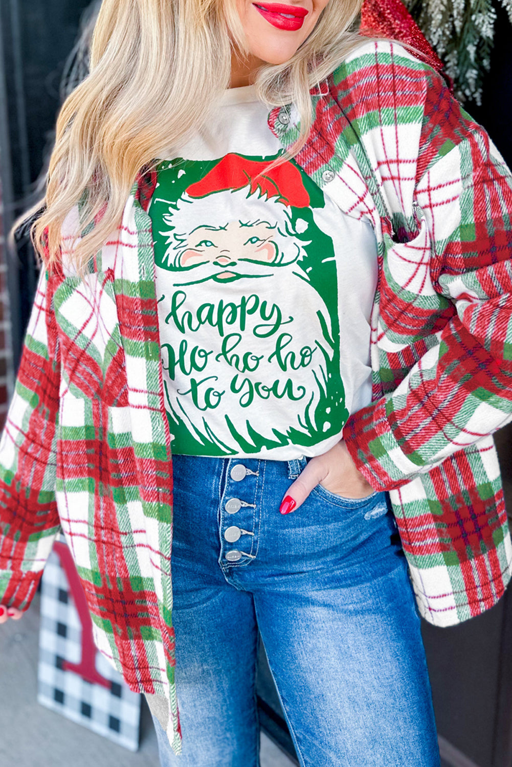 Khaki Christmas Plaid Casual Flannel Shacket Red 100%Polyester 6e755a306926309d