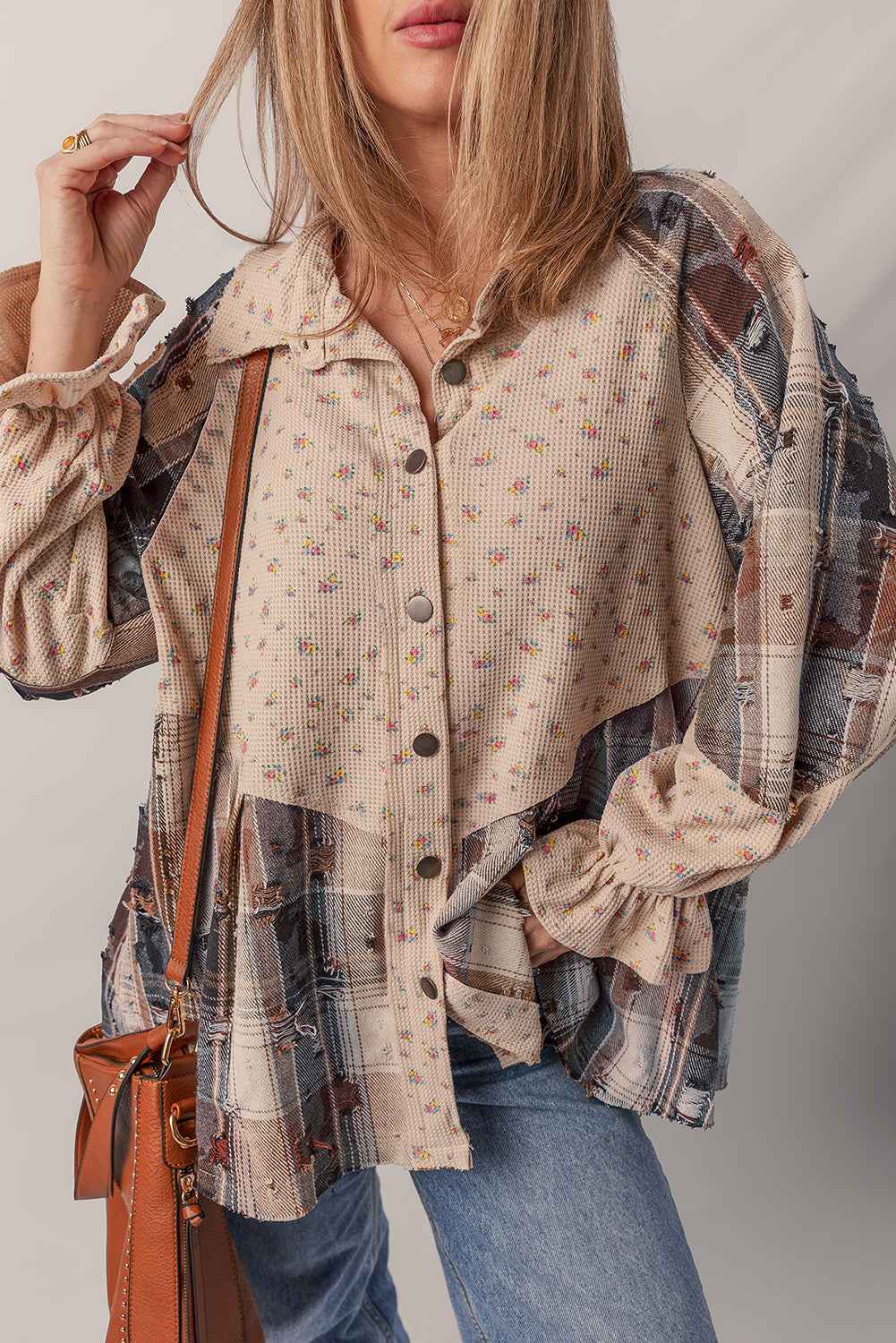 Ashleigh Blue Floral Plaid Patchwork Waffle Distressed Jacket 6e842870f23e9487