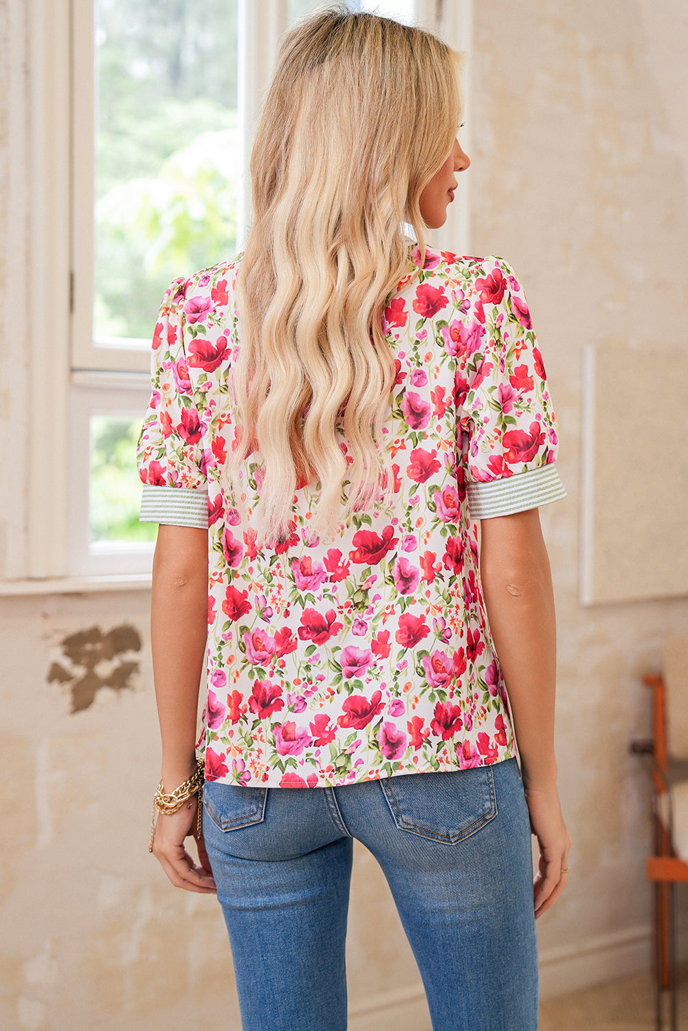 Sky Blue Floral Print Striped Patchwork Collared Blouse 6fbf6c801264cdae