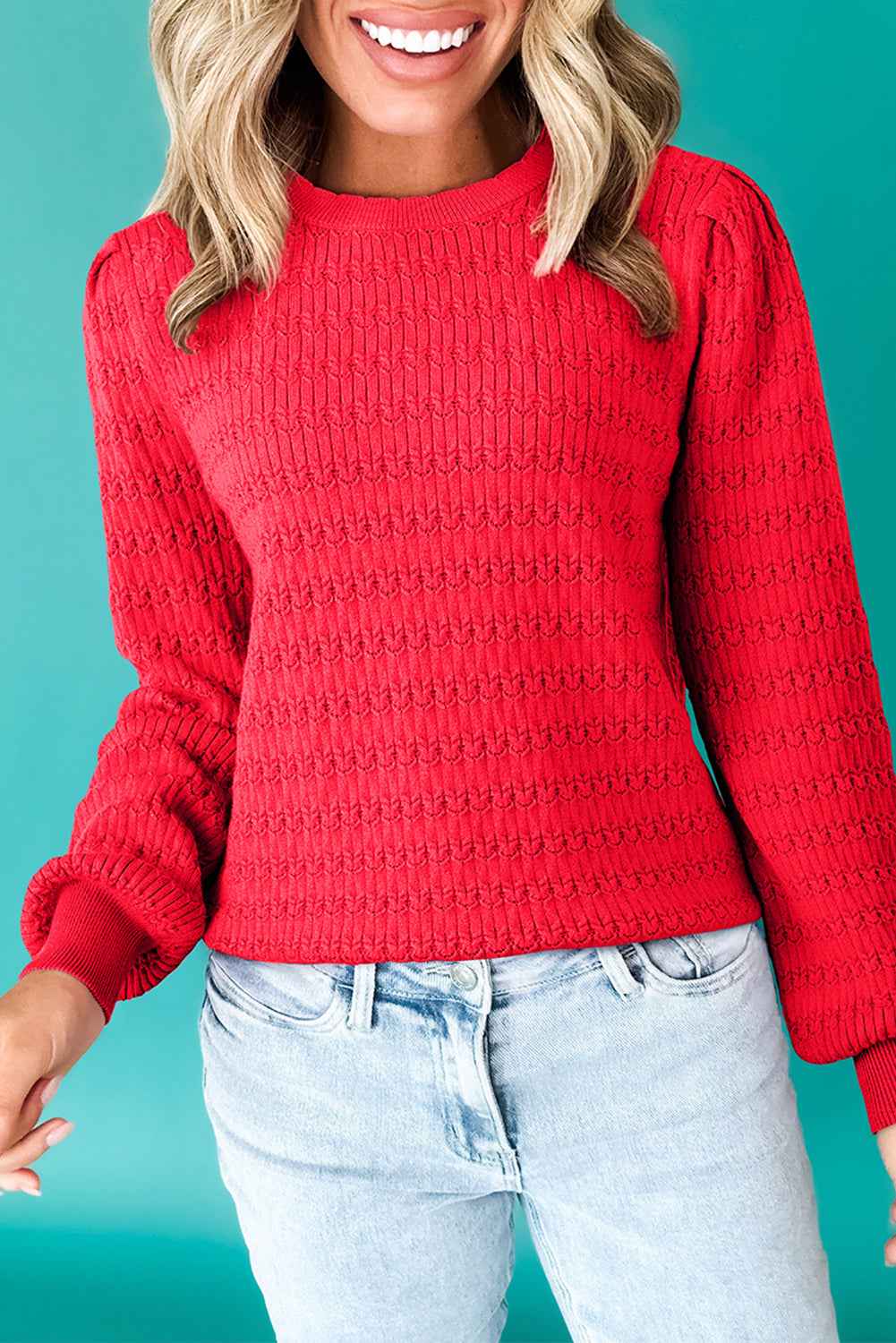 Sea Green Trendy Pattern Knit Ribbed Cuffs Crew Neck Sweater Fiery Red 52%Viscose+26%Polyester+22%Polyamide 707909114d316879