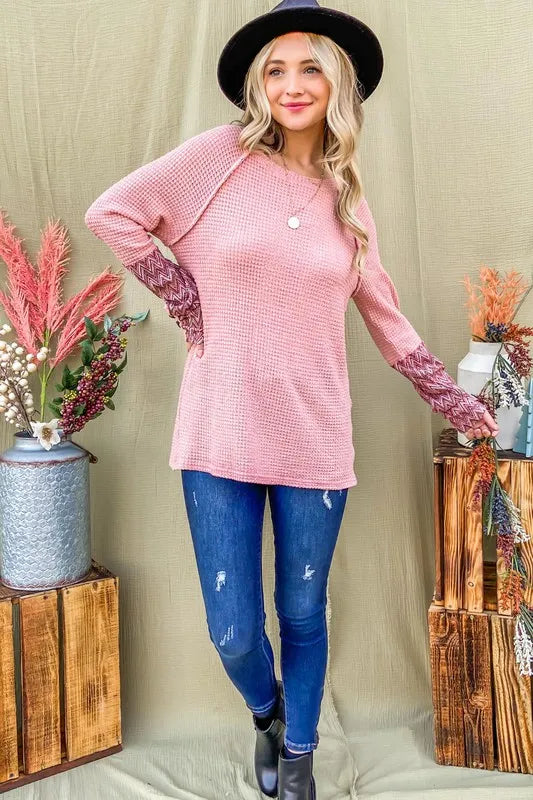 And The Why Button Detail Printed Sleeve Waffle Knit Top MAUVE 709672b9f2484e7587a4c1aff1aef833-Max-Origin