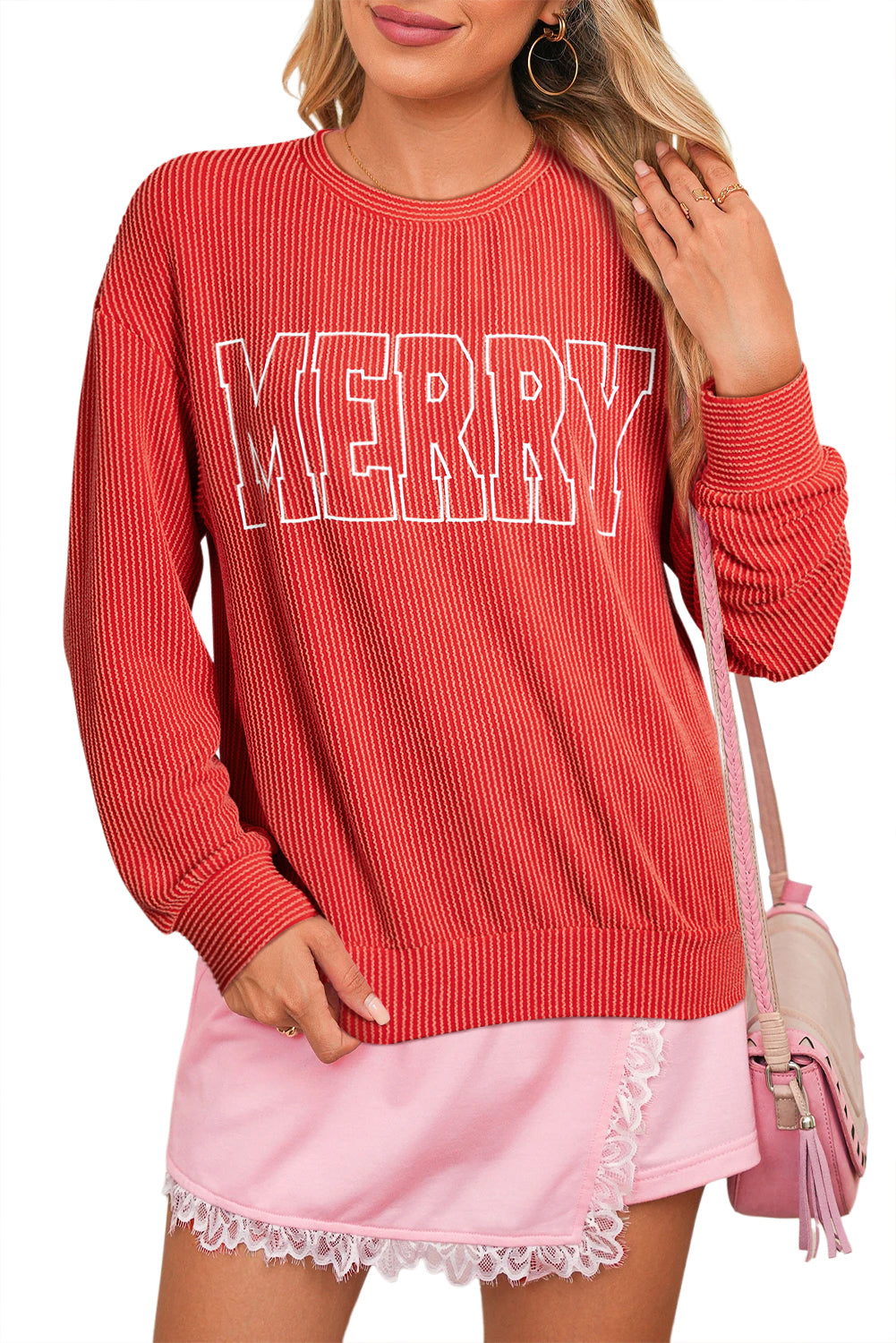 Evergreen Twisted Rib Merry Letter Graphic Loose Long Sleeve Top