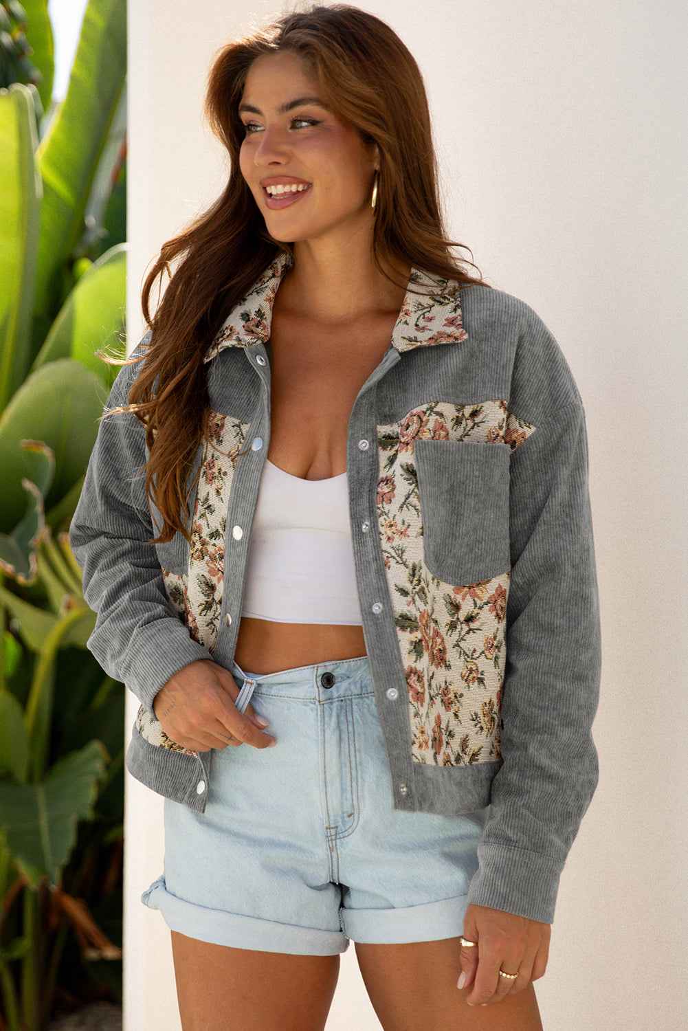 Medium Grey Ribbed Retro Floral Patchwork Jacket 716a29578f0a3d0c