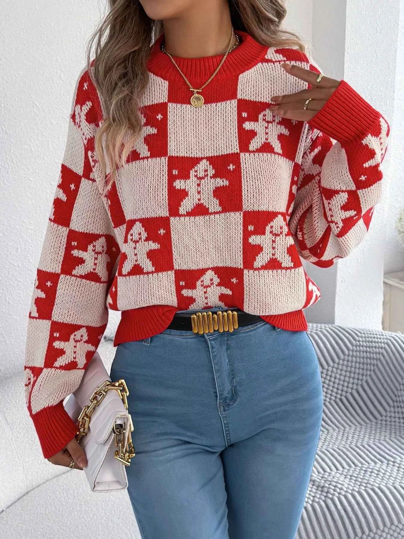 Christmas Checkerboard Gingerbread Round Neck Sweater 71a9d4f3-de39-4a9b-9495-545d4077d03a-Max-Origin