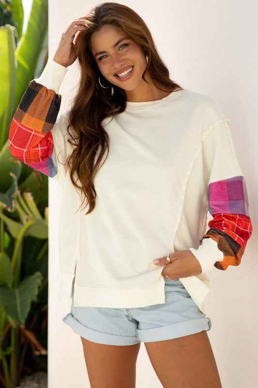 Plaid Patchwork Long Sleeve Exposed Seam Top 71b430c6-14b7-4987-b5f2-155ce4a64066