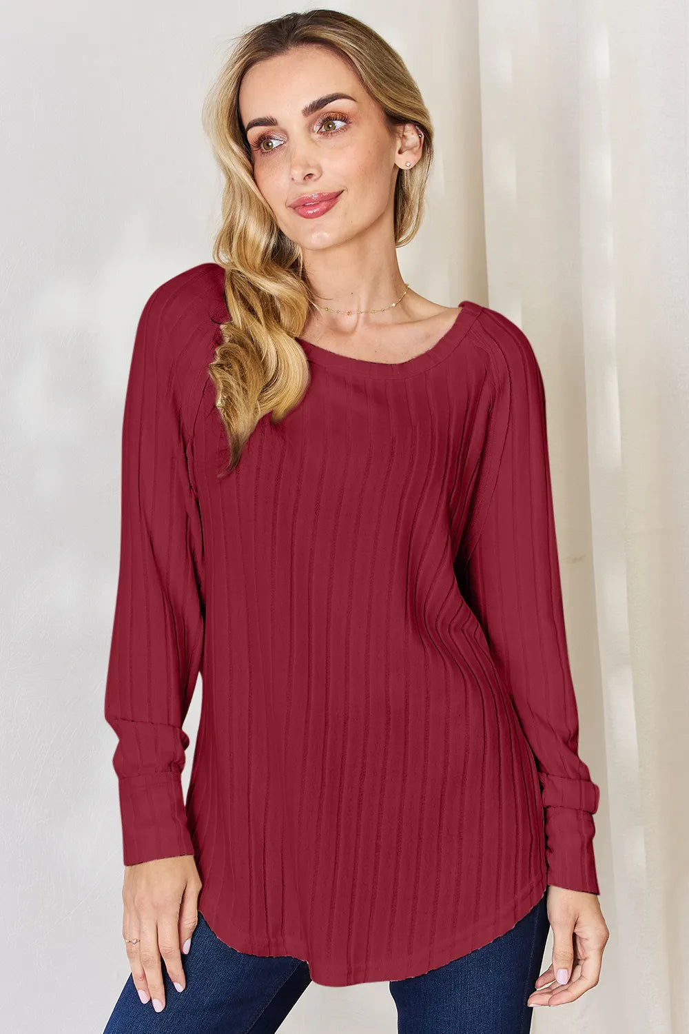 Basic Bae Full Size Ribbed Round Neck Slit T-Shirt Deep Red 71b5e46c-a9bc-47a2-8ea7-5dbbbb12d330-Max