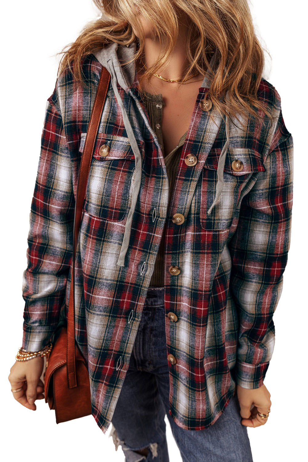 Red Plaid Print Chest Pocket Button Hooded Shacket Red 62.7%Polyester+37.3%Cotton 71bda7833f164540