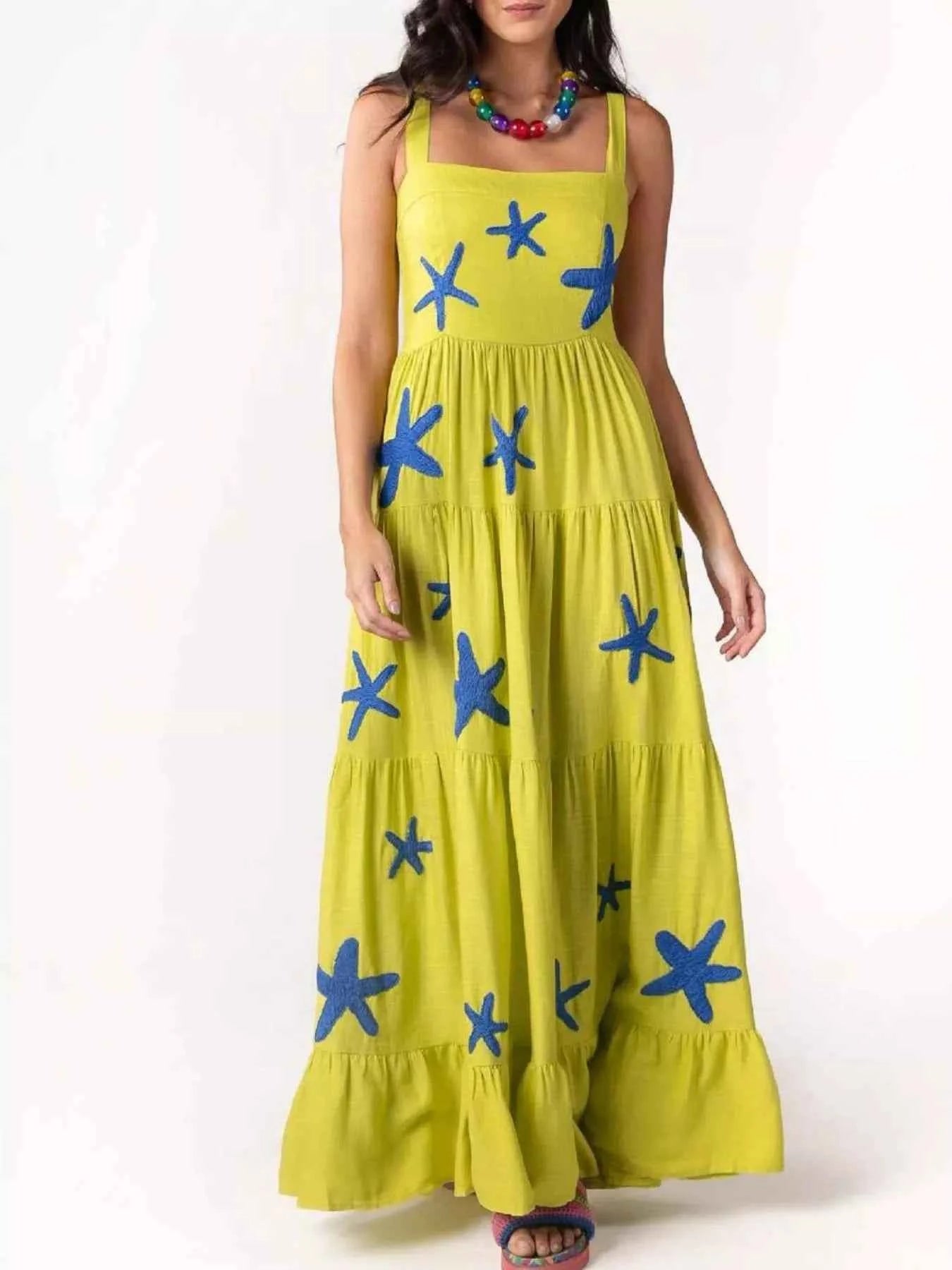 Embroidered Square Neck Tiered Maxi Cami Dress Yellow 726eff94-98c4-4f6e-b1c2-e230b75a370e-Max-Origin