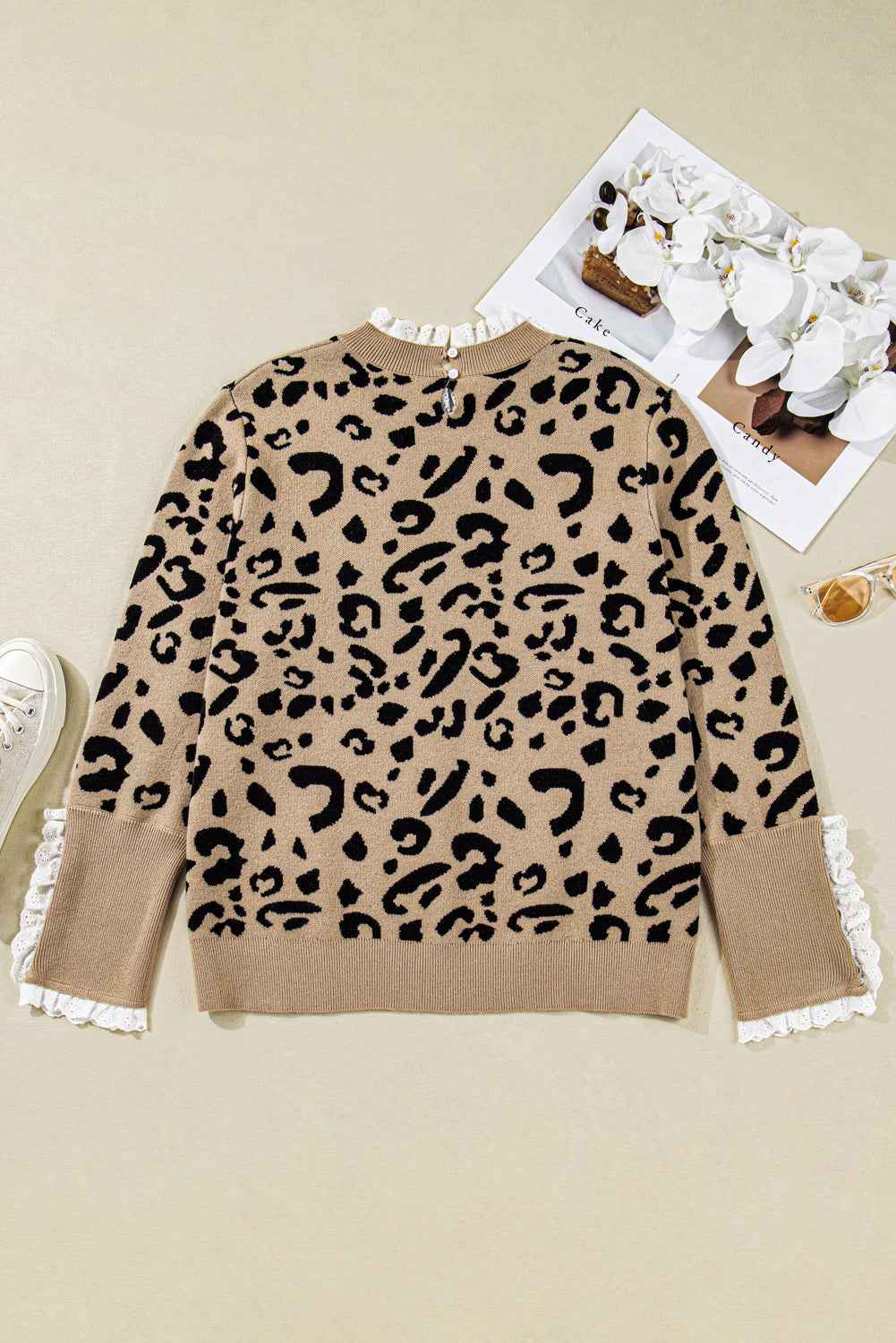 Brown Leopard Knitted Lace Trim Cuffed Plus Size Sweater 72a97e38279c5cd1