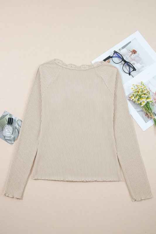 Solid Ribbed Lace Neckline Long Sleeve Top 72b71744-3ef3-481d-a31a-418dad1bc8f9