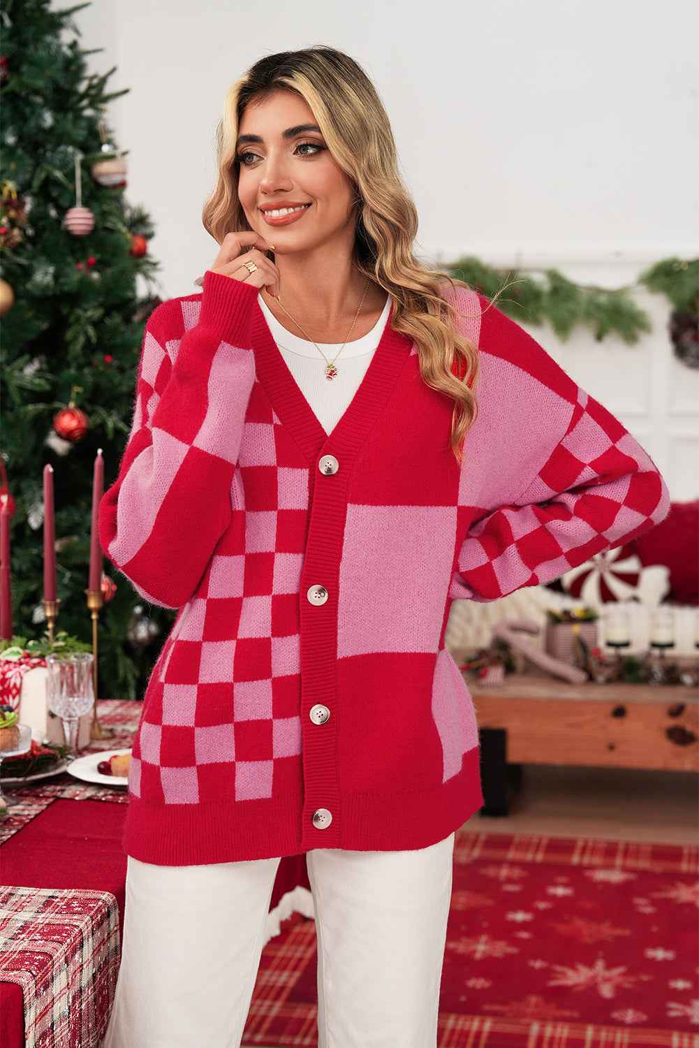 Fiery Red Colorblock Plaid Button Knit Cardigan 72ba9e015ffd75cc