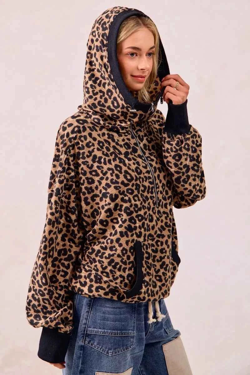 BiBi Leopard Print Waffle Half Zip Up Hoodie W Pocket 730428138f8d47149978bcb63aa9ffc0-Max-Origin