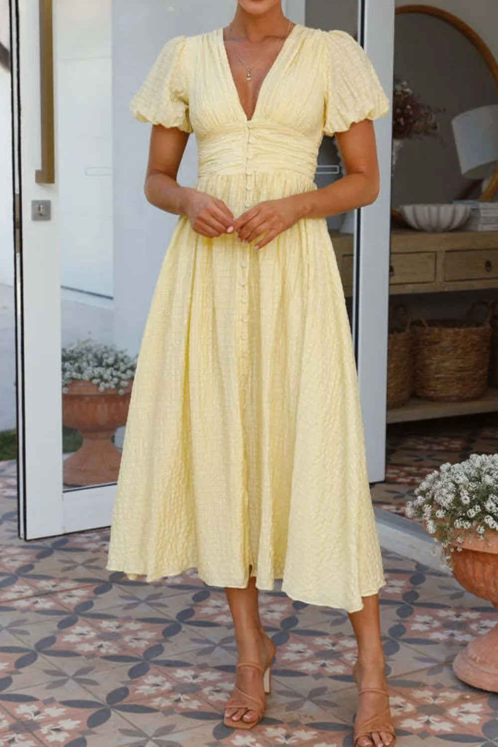 V-Neck Puff Short Sleeve Midi Dress 7330656f-59e3-491d-9169-cc912ce749da-Max-Origin