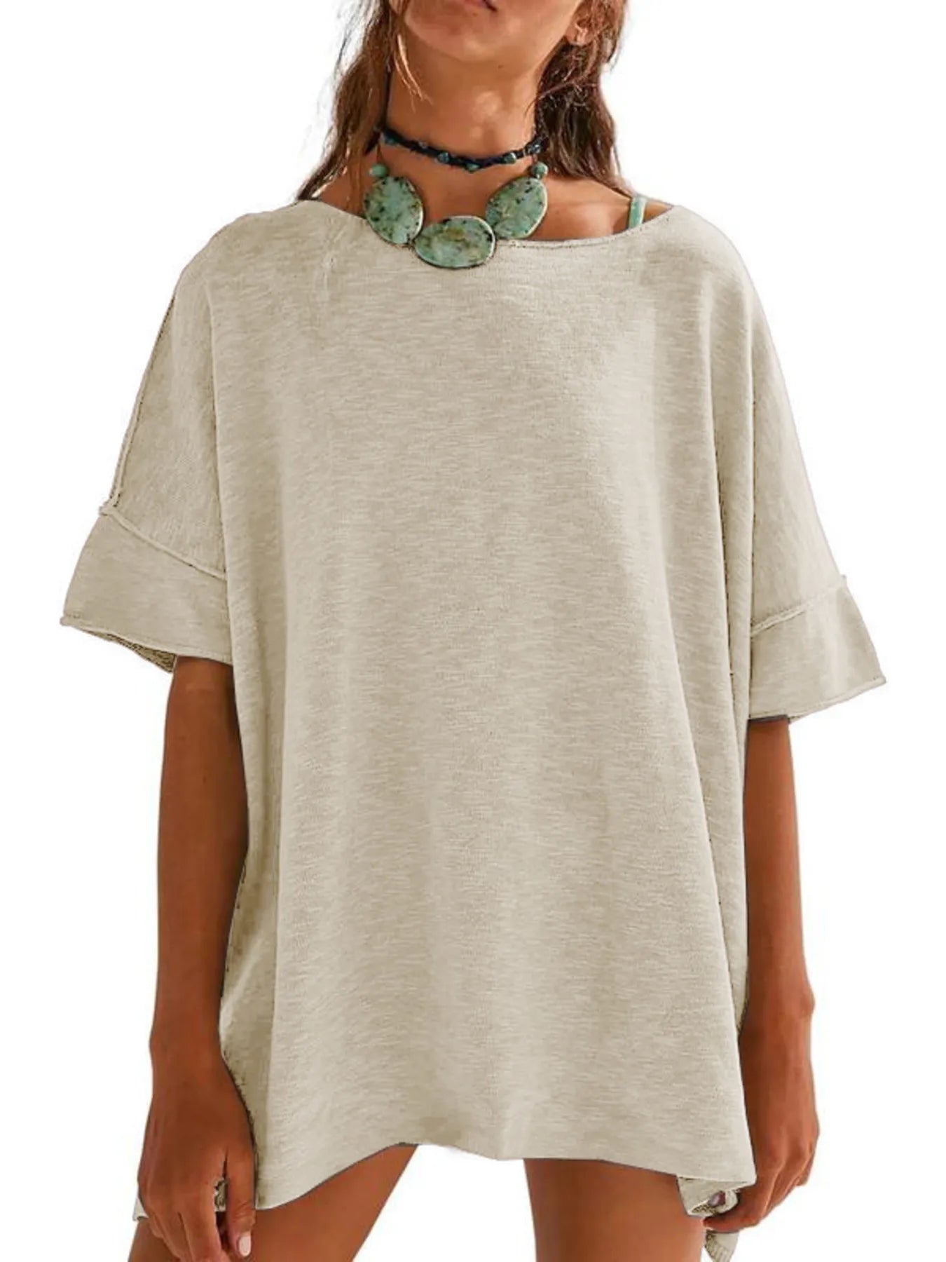 Oversized Round Neck Drop-Shoulder T-Shirt Khaki 733e5eef88524f30989492b39e925cf1-Max-Origin