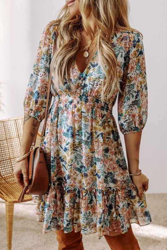 Floral 3/4 Sleeve V Neck High Waist Ruffled Dress 736e6f0d-3d65-4a66-b22b-5931078f536a