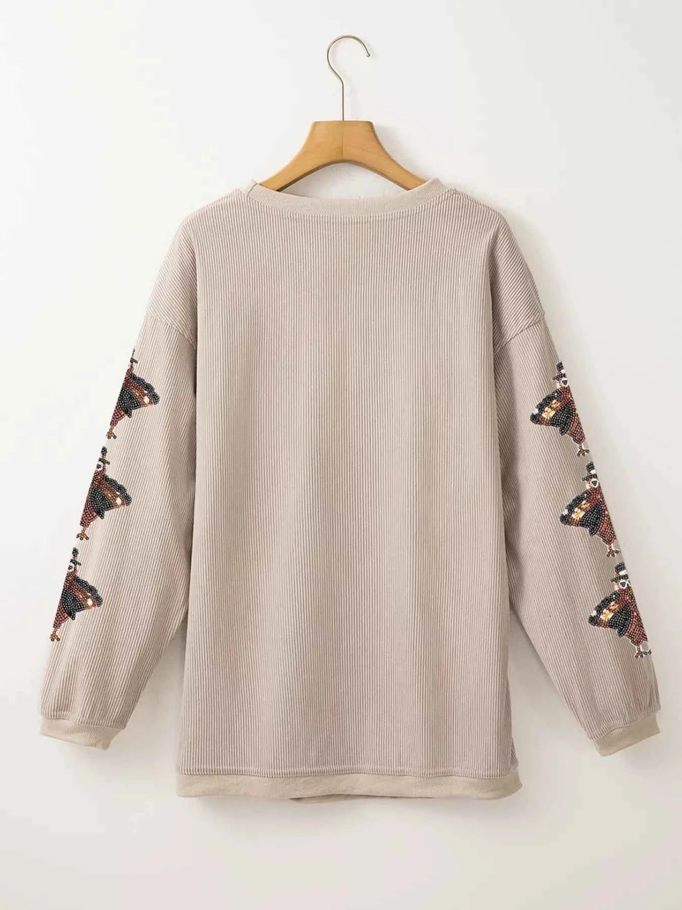 Gobble Corded Ribbed Thanksgiving Turkey Sequin Patched Sleeve Sweatshirt 73b12931b3e7410b830ef0d5a94bc910-Max-Origin