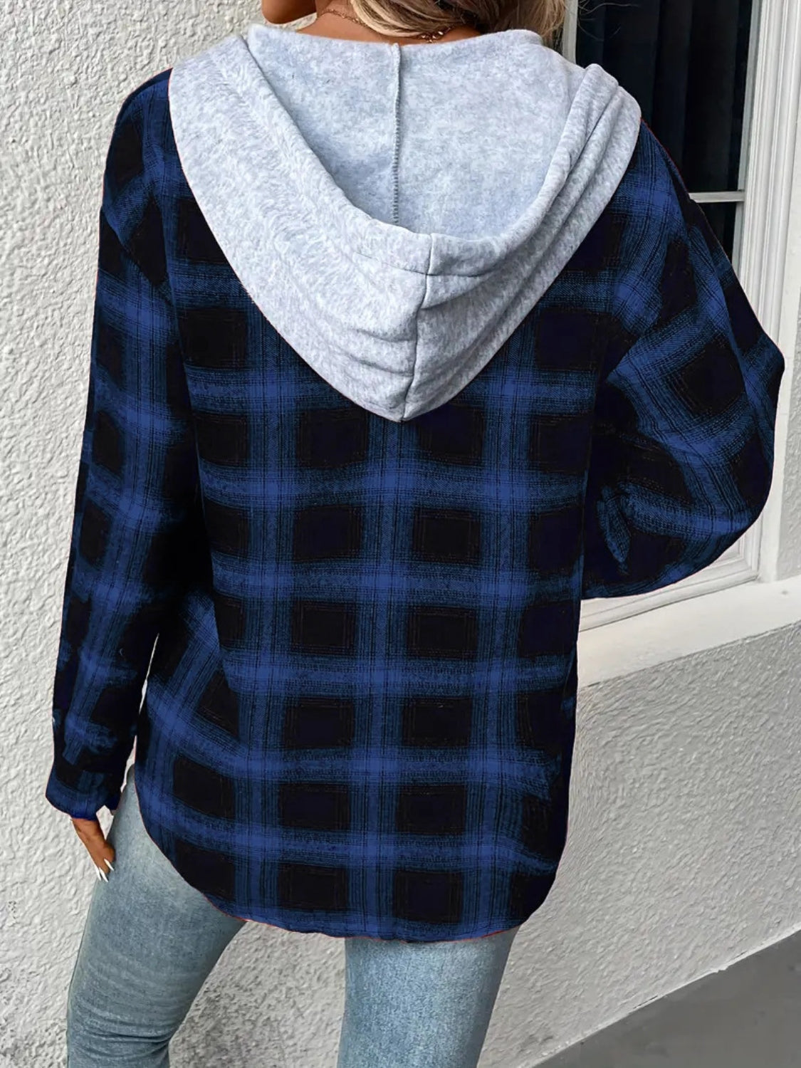 Plaid Drawstring Button Up Hooded Jacket 73bd0166465848b5bf6eb0a783a1182c-Max