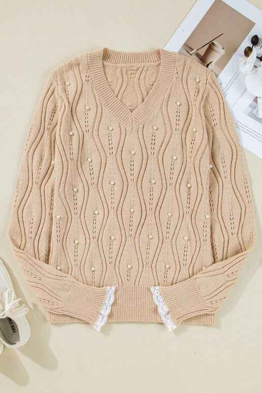 Pearl Beaded Pointelle Knit V-Neck Lace Trim Sweat 741dfa2f-6baa-4ca5-a53f-1cbed5d96cbb