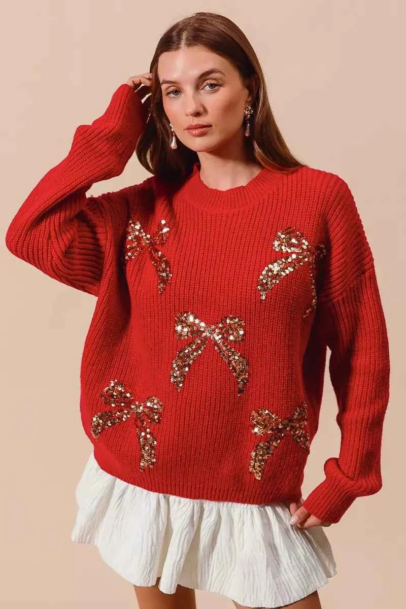 SO ME All Over Ribbon Sequins Christmas Holiday Sweater RED GOLD 741f005e64f34076af69e17216eb9d3b-Max-Origin