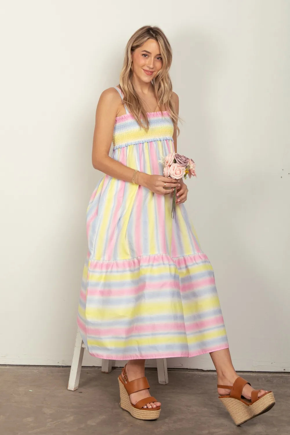 VERY J Striped Woven Smocked Midi Cami Dress 74706796-54a5-4726-83a1-2c8488c01e61-Max
