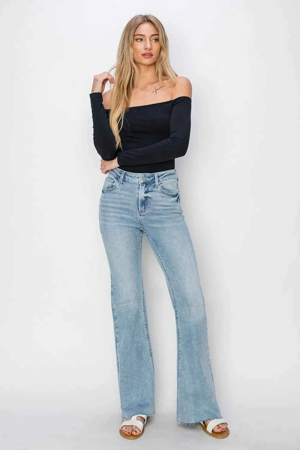 RISEN Full Size High Rise Raw Cut Hem Bootcut Jeans 749fb8a0-375e-436e-89eb-22c2d1c96564-Max
