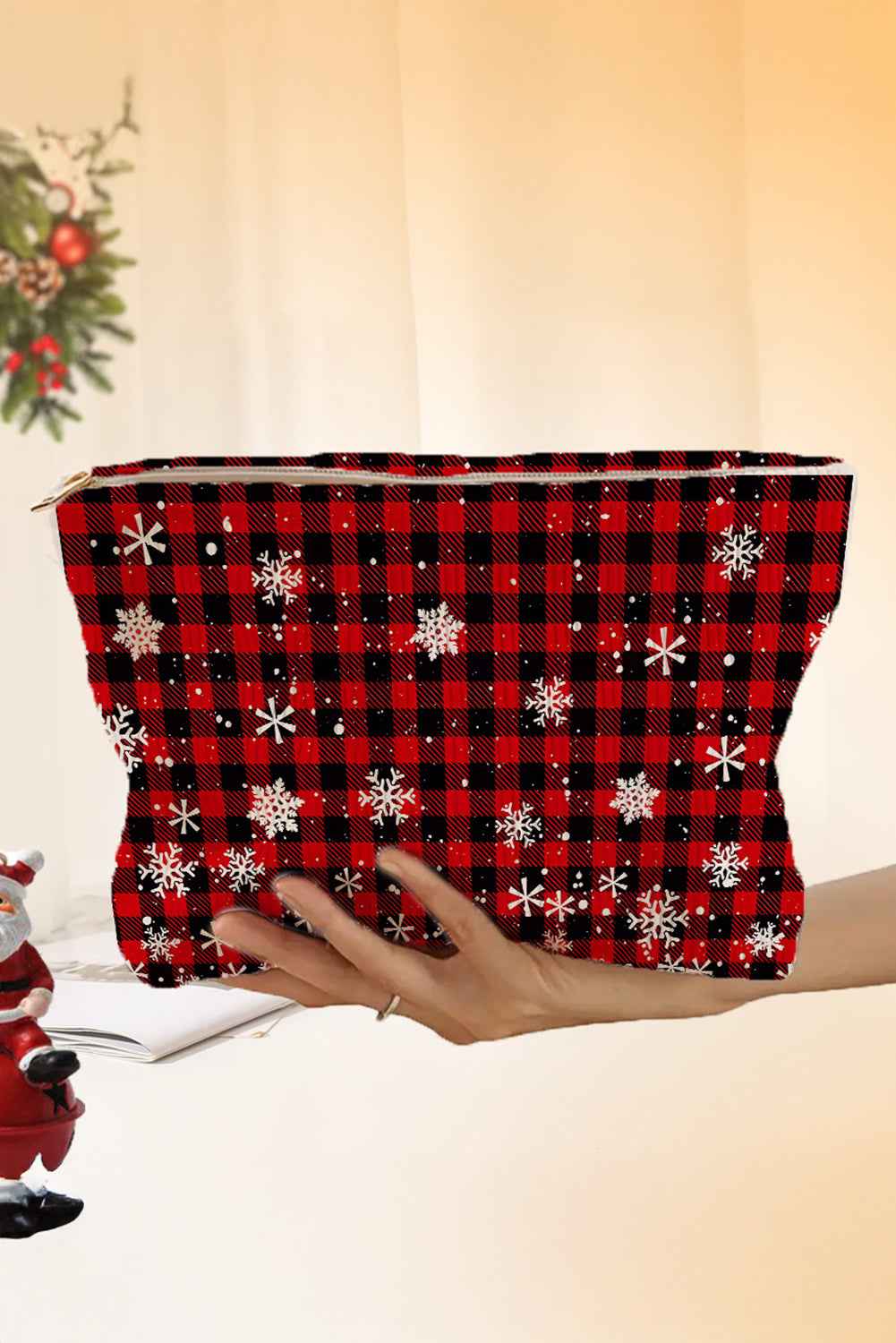 Fiery Red Plaid Christmas Snowflake Print Cosmetic Bag Fiery Red ONE SIZE 100%Polyester 74df27fa145b0a66
