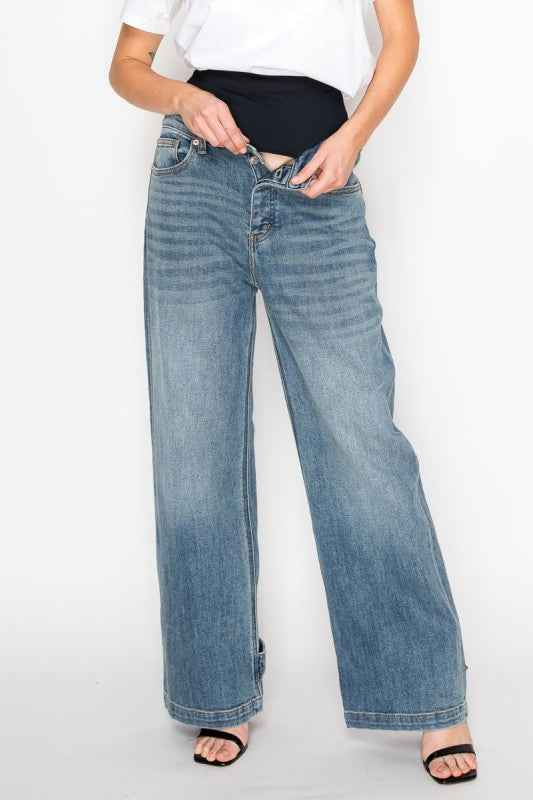 AT2076WDM Adjustable Hem Knit Band Wide Leg Jeans 74f55ffa-f556-42d8-86a8-0e358b22c6ec